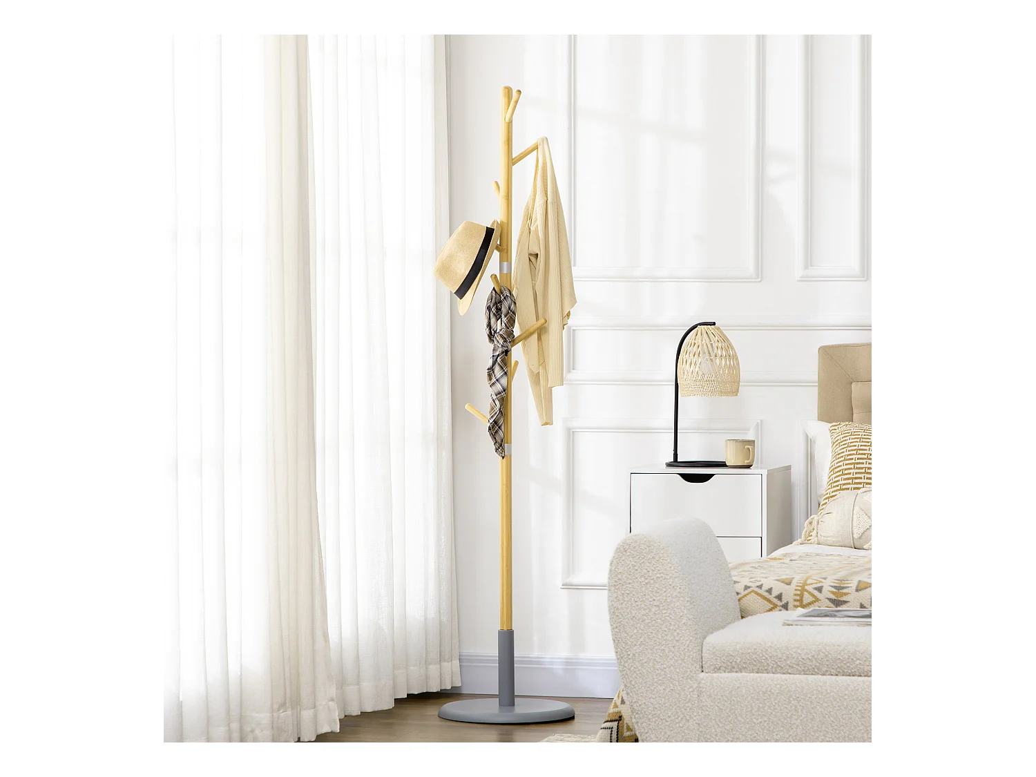 Porte-manteau design scandinave branches 8 patères Ø 37,8 x 175,6H cm piètement métal gris bois bambou verni