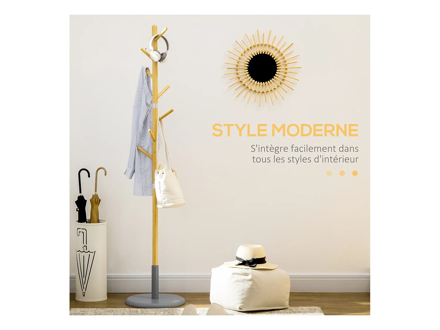 Porte-manteau design scandinave branches 8 patères Ø 37,8 x 175,6H cm piètement métal gris bois bambou verni