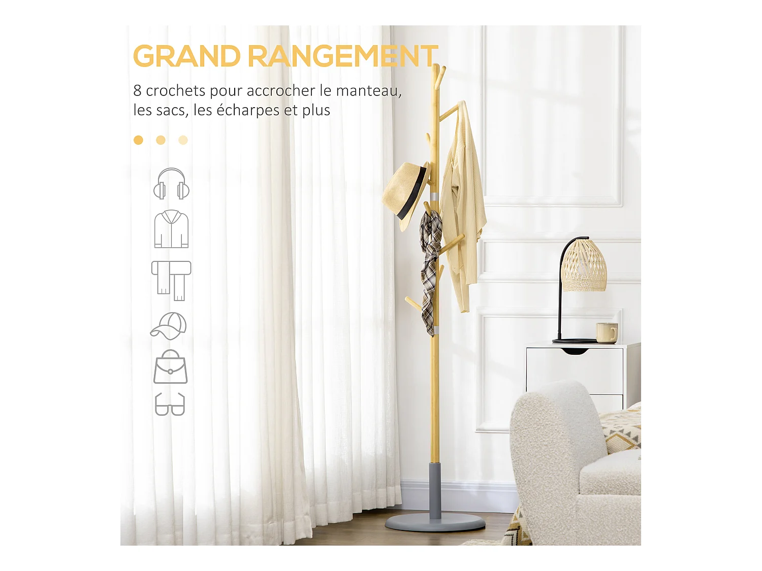 Porte-manteau design scandinave branches 8 patères Ø 37,8 x 175,6H cm piètement métal gris bois bambou verni