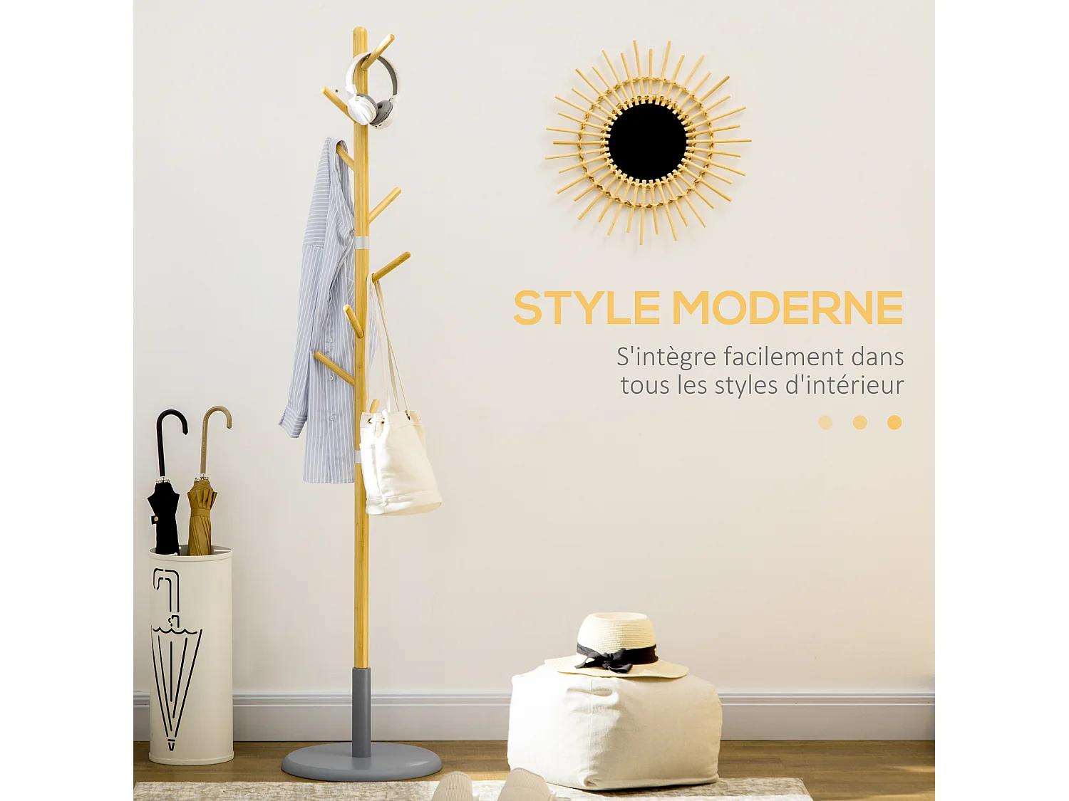 Porte-manteau design scandinave branches 8 patères Ø 37,8 x 175,6H cm piètement métal gris bois bambou verni