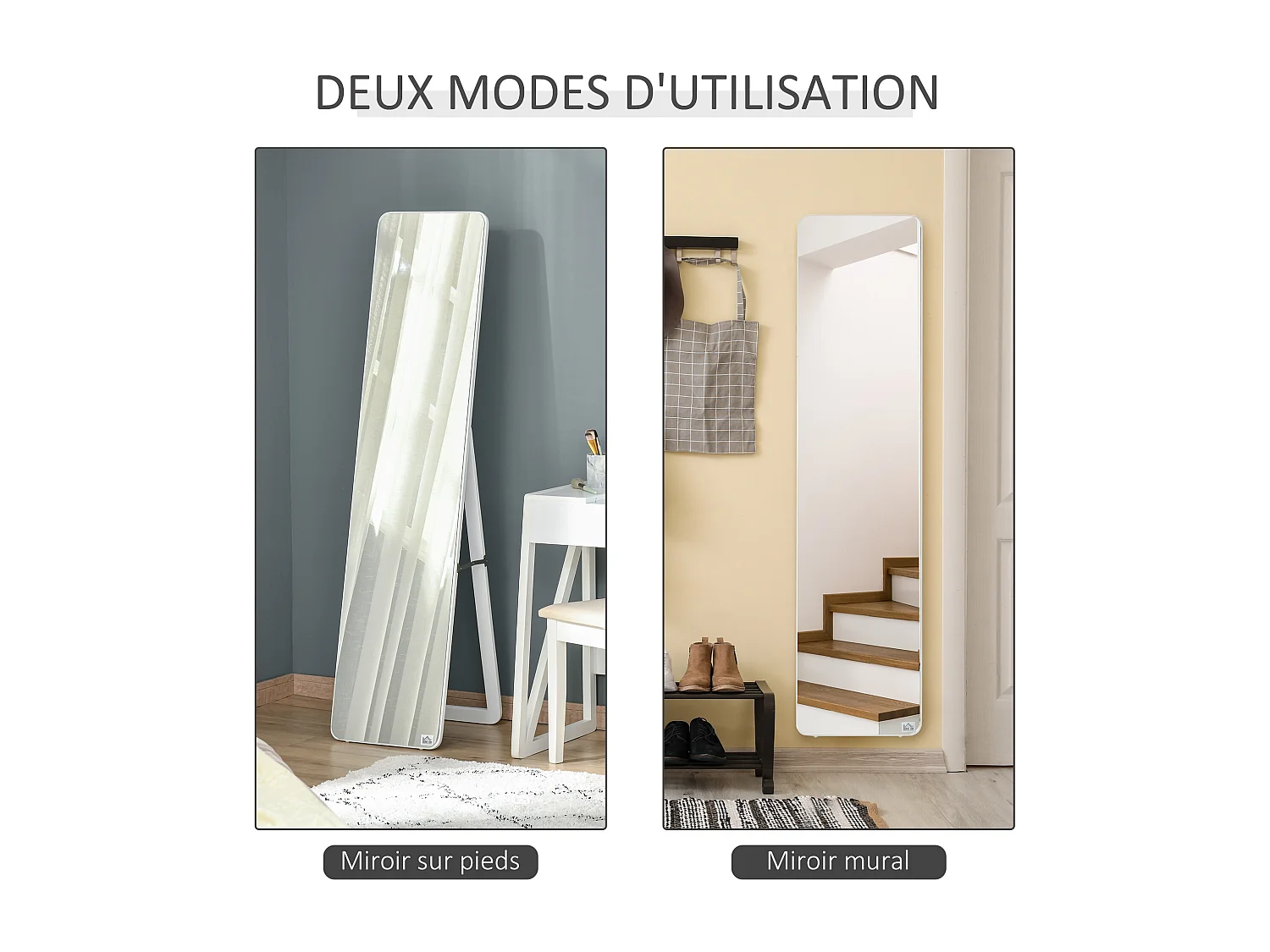 Miroir sur pied et mural rectangulaire dim. 37L x 43l x 156H cm verre MDF blanc