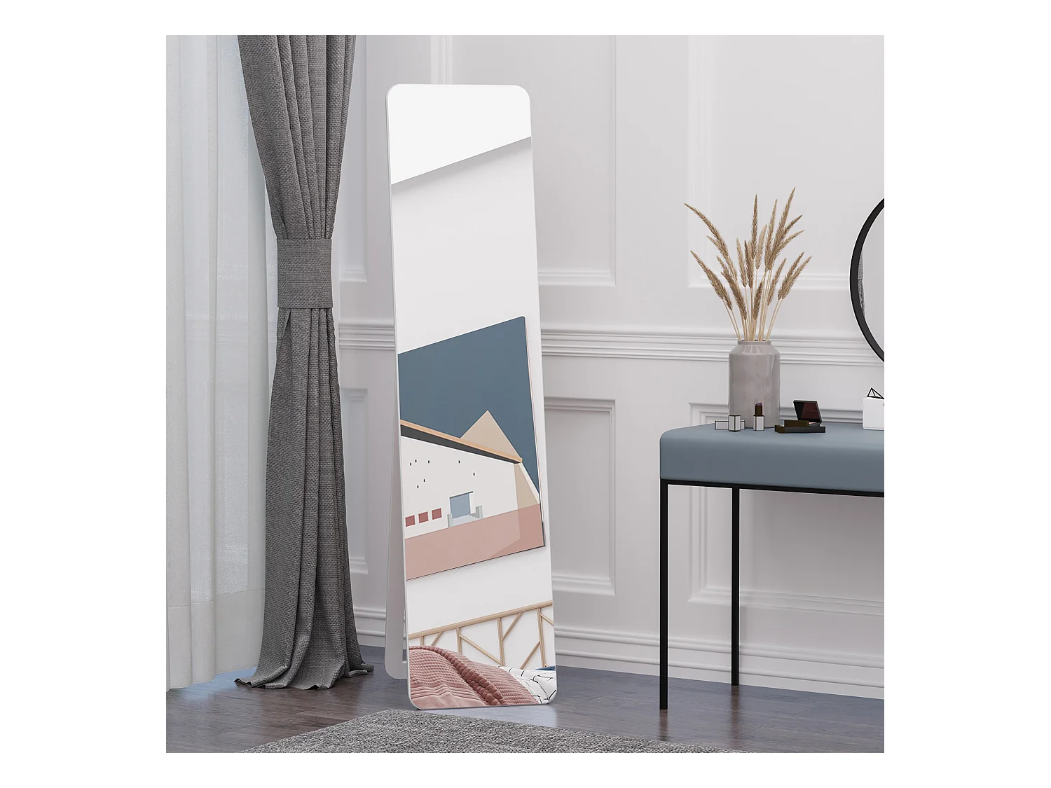 Miroir sur pied et mural rectangulaire dim. 37L x 43l x 156H cm verre MDF blanc