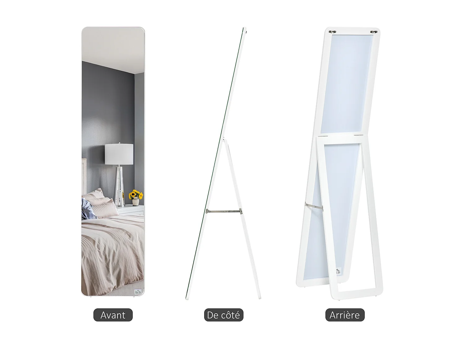 Miroir sur pied et mural rectangulaire dim. 37L x 43l x 156H cm verre MDF blanc