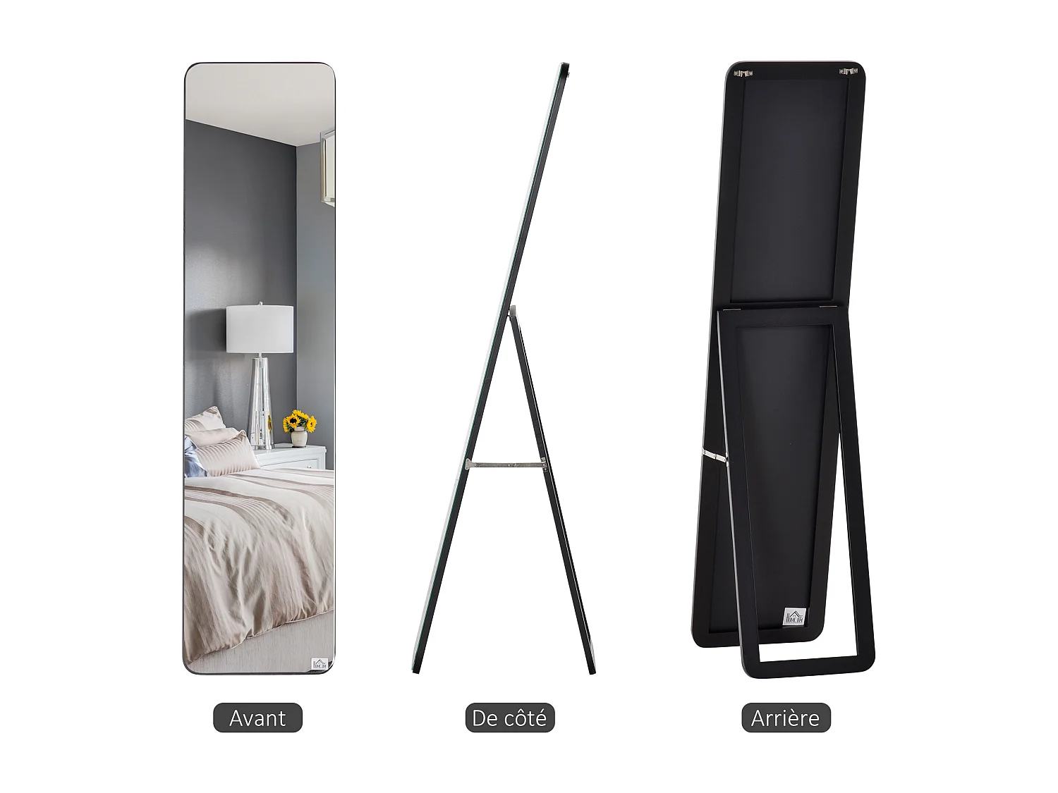 Miroir sur pied et mural rectangulaire dim. 37L x 43l x 156H cm verre MDF noir