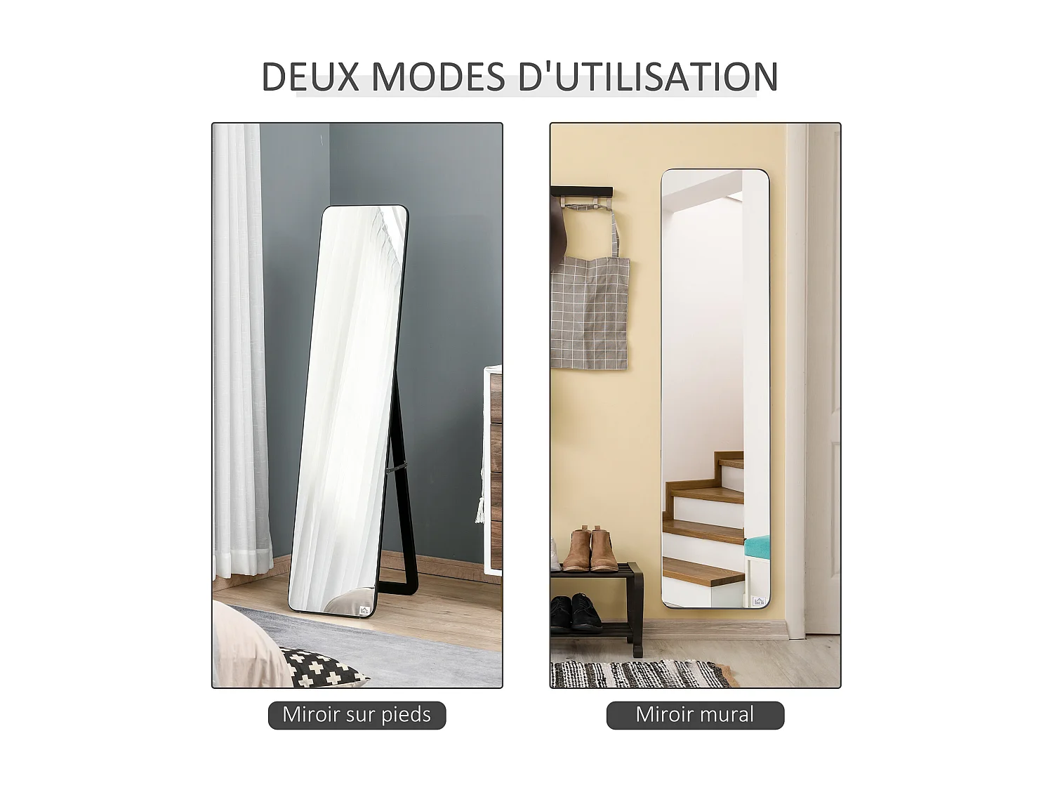 Miroir sur pied et mural rectangulaire dim. 37L x 43l x 156H cm verre MDF noir