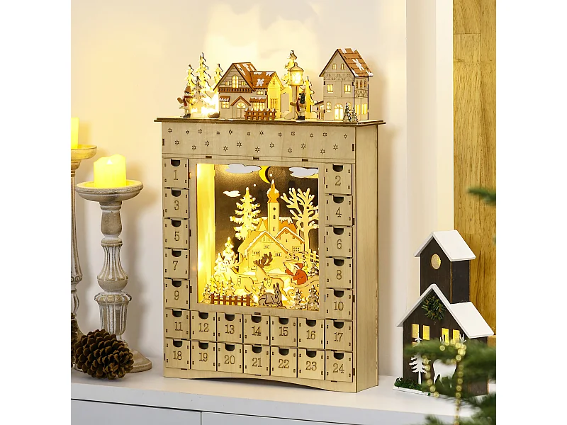 Calendrier de l'Avent LED - 10 lumières blanc chaud - 24 tiroirs - décoration lumineuse de Noël - MDF bois naturel
