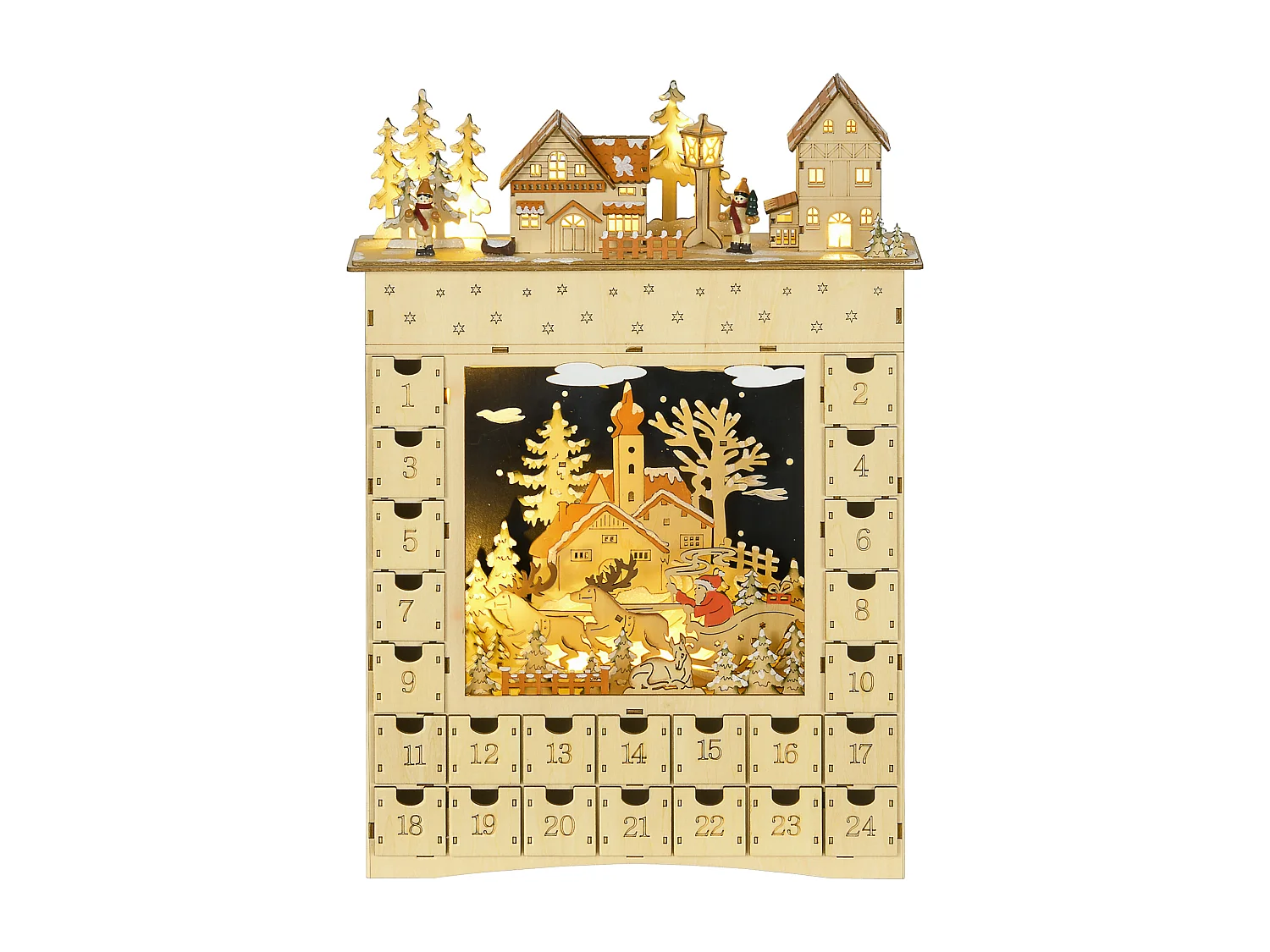 Calendrier de l'Avent LED - 10 lumières blanc chaud - 24 tiroirs - décoration lumineuse de Noël - MDF bois naturel