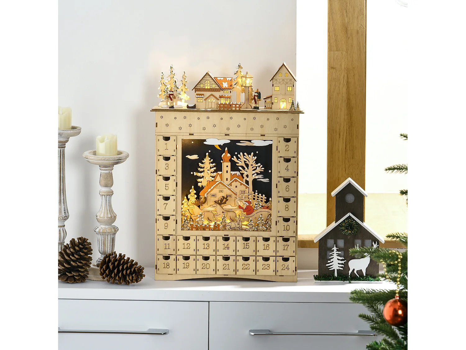 Calendrier de l'Avent LED - 10 lumières blanc chaud - 24 tiroirs - décoration lumineuse de Noël - MDF bois naturel