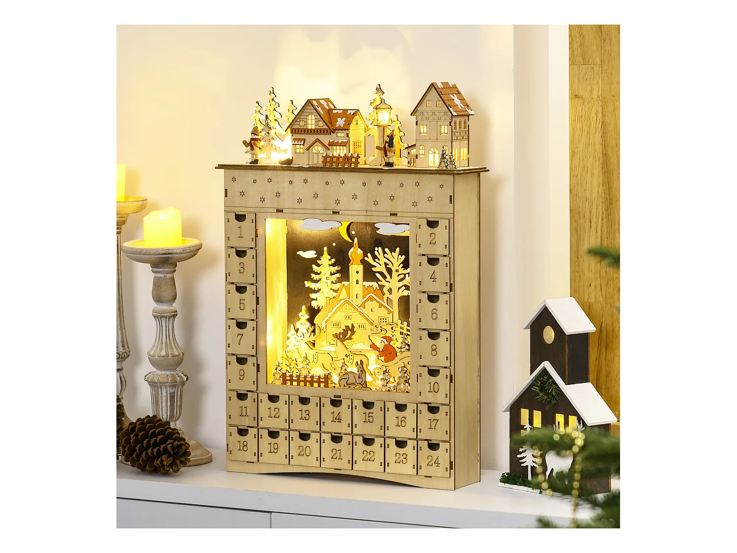 Calendrier de l'Avent LED - 10 lumières blanc chaud - 24 tiroirs - décoration lumineuse de Noël - MDF bois naturel