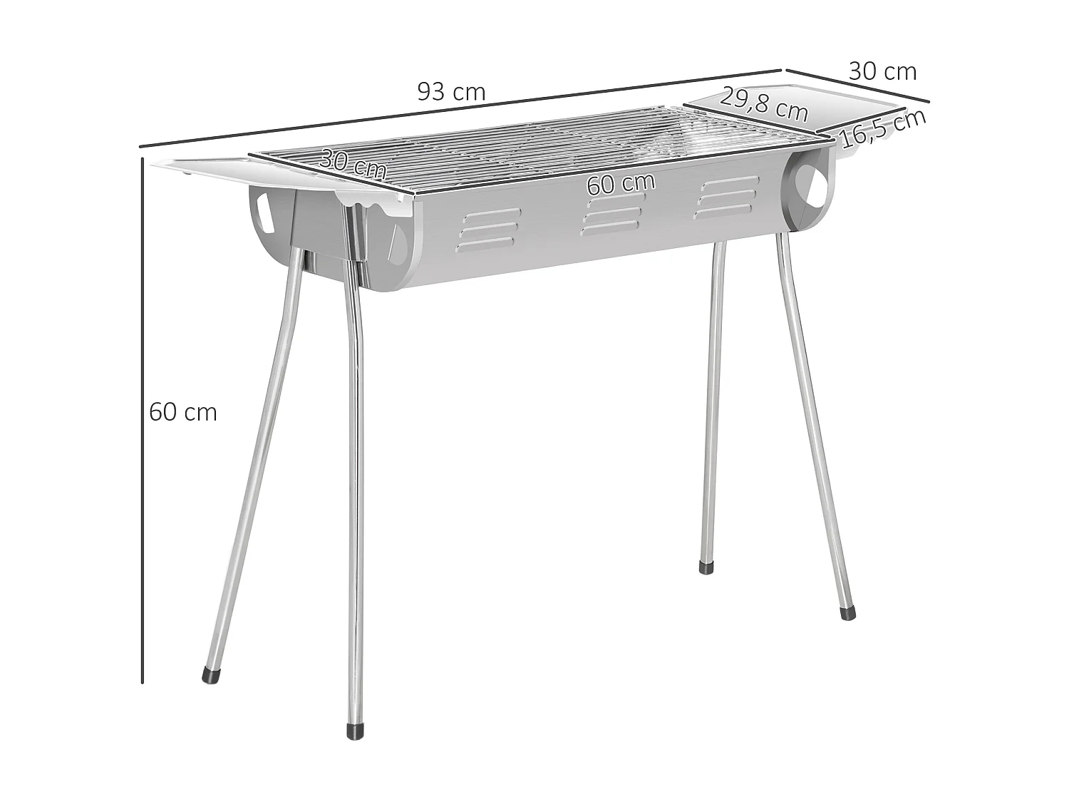 Barbecue à charbon portable BBQ grill sur pieds 2 tablettes rabattables dim. 93L x 30l x 60H cm acier inox.