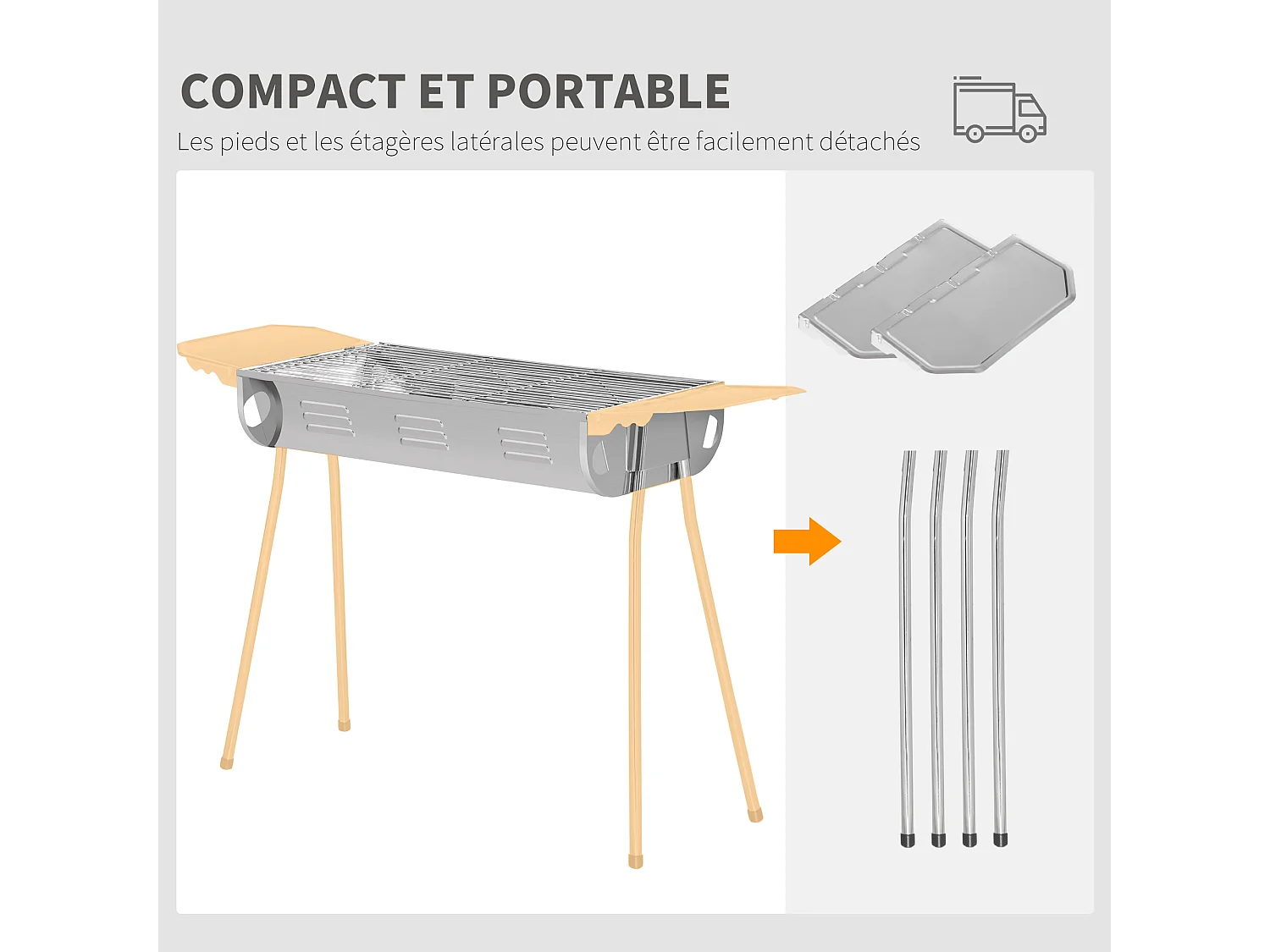 Barbecue à charbon portable BBQ grill sur pieds 2 tablettes rabattables dim. 93L x 30l x 60H cm acier inox.