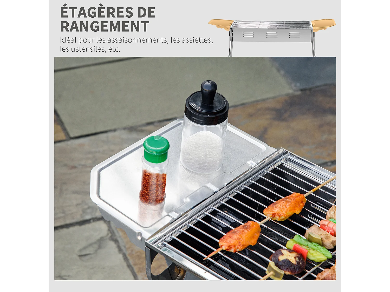 Barbecue à charbon portable BBQ grill sur pieds 2 tablettes rabattables dim. 93L x 30l x 60H cm acier inox.