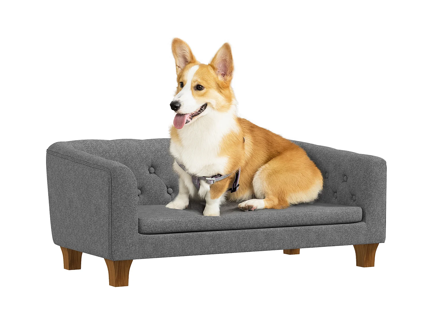 Canapé chien lit pour chien style Chesterfield dossier capitonné coussin moelleux pieds bois polyester gris