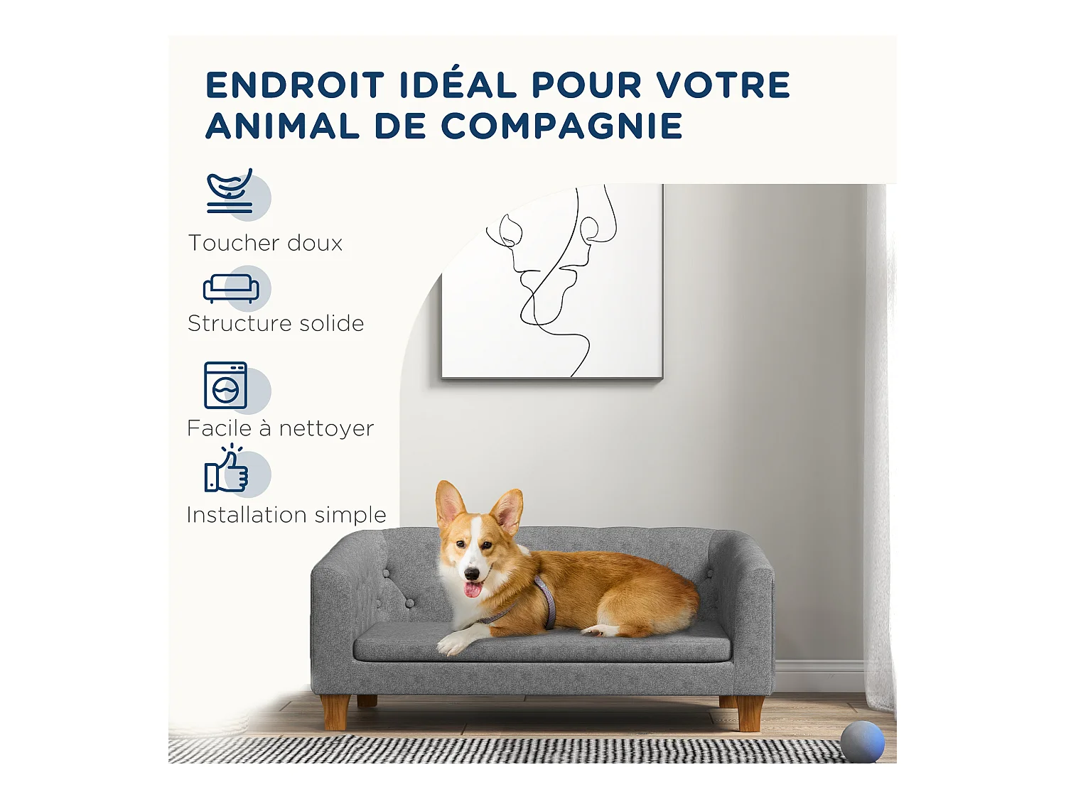 Canapé chien lit pour chien style Chesterfield dossier capitonné coussin moelleux pieds bois polyester gris