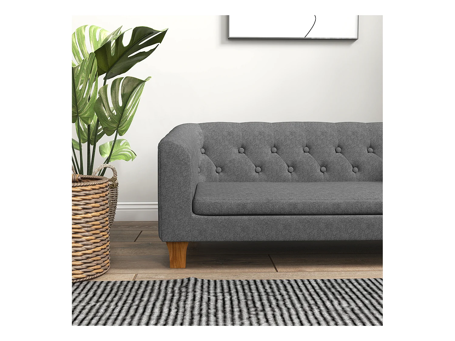 Canapé chien lit pour chien style Chesterfield dossier capitonné coussin moelleux pieds bois polyester gris