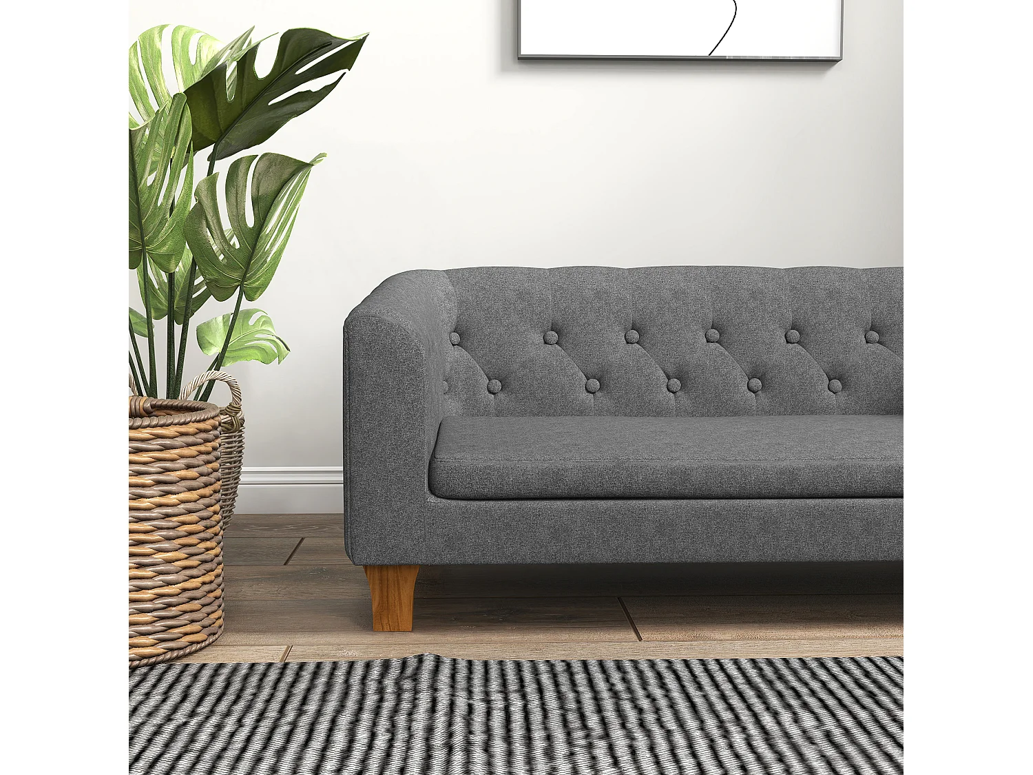 Canapé chien lit pour chien style Chesterfield dossier capitonné coussin moelleux pieds bois polyester gris