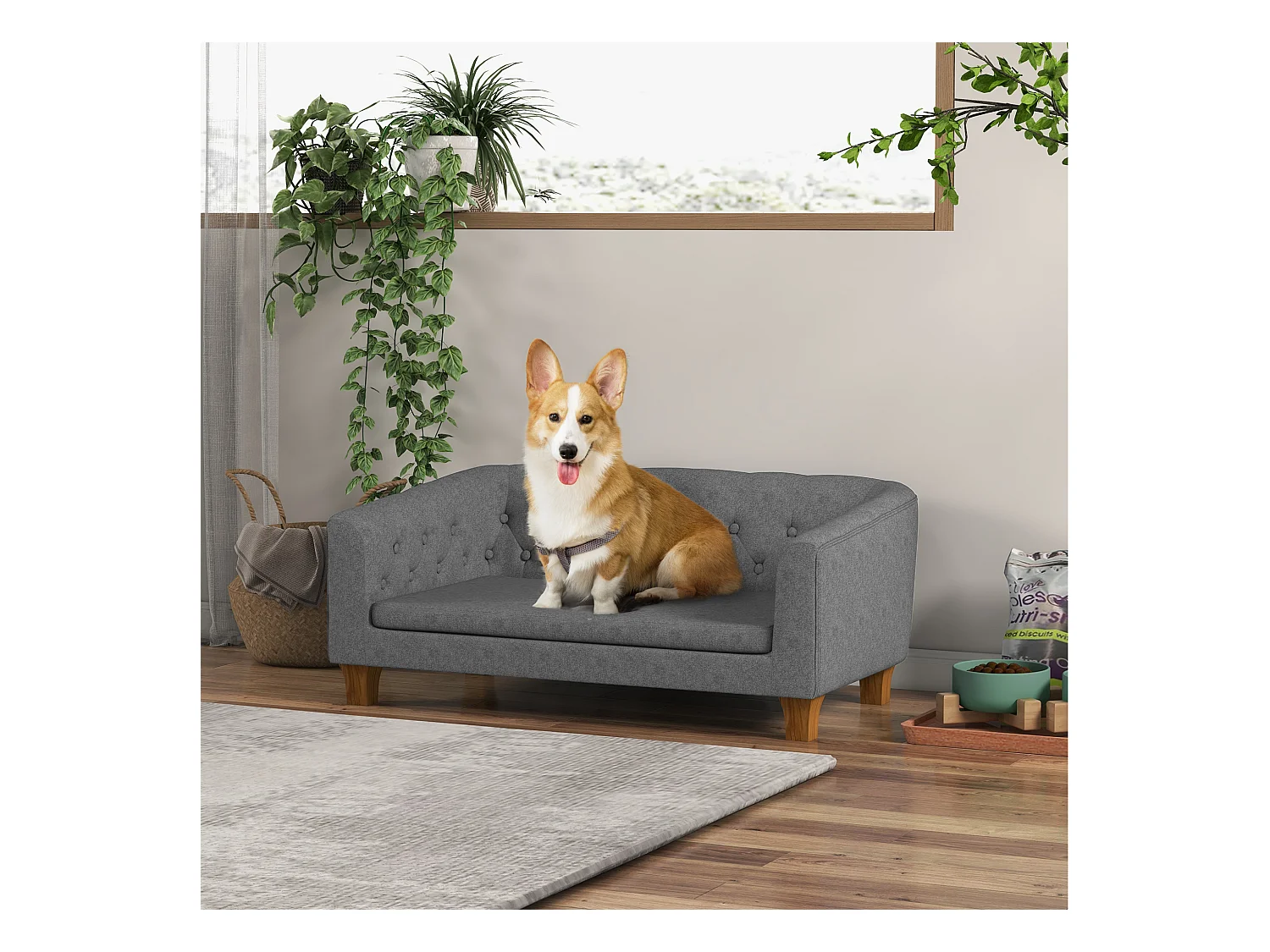 Canapé chien lit pour chien style Chesterfield dossier capitonné coussin moelleux pieds bois polyester gris