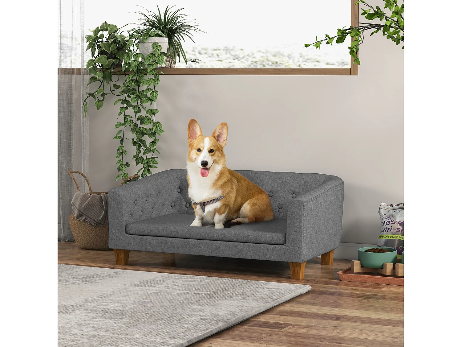 Canapé chien lit pour chien style Chesterfield dossier capitonné coussin moelleux pieds bois polyester gris