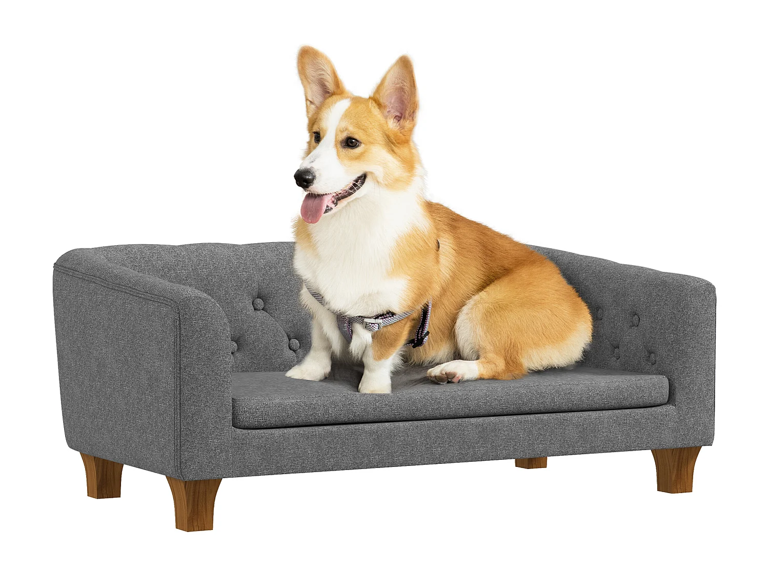 Canapé chien lit pour chien style Chesterfield dossier capitonné coussin moelleux pieds bois polyester gris