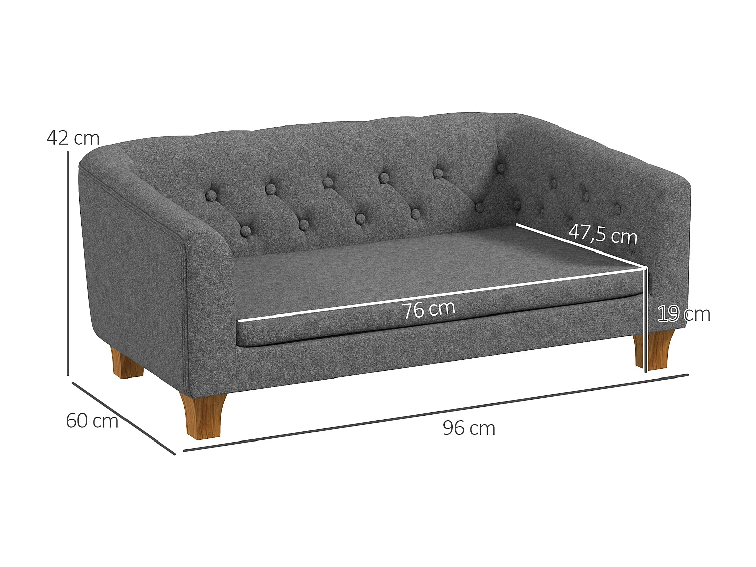 Canapé chien lit pour chien style Chesterfield dossier capitonné coussin moelleux pieds bois polyester gris