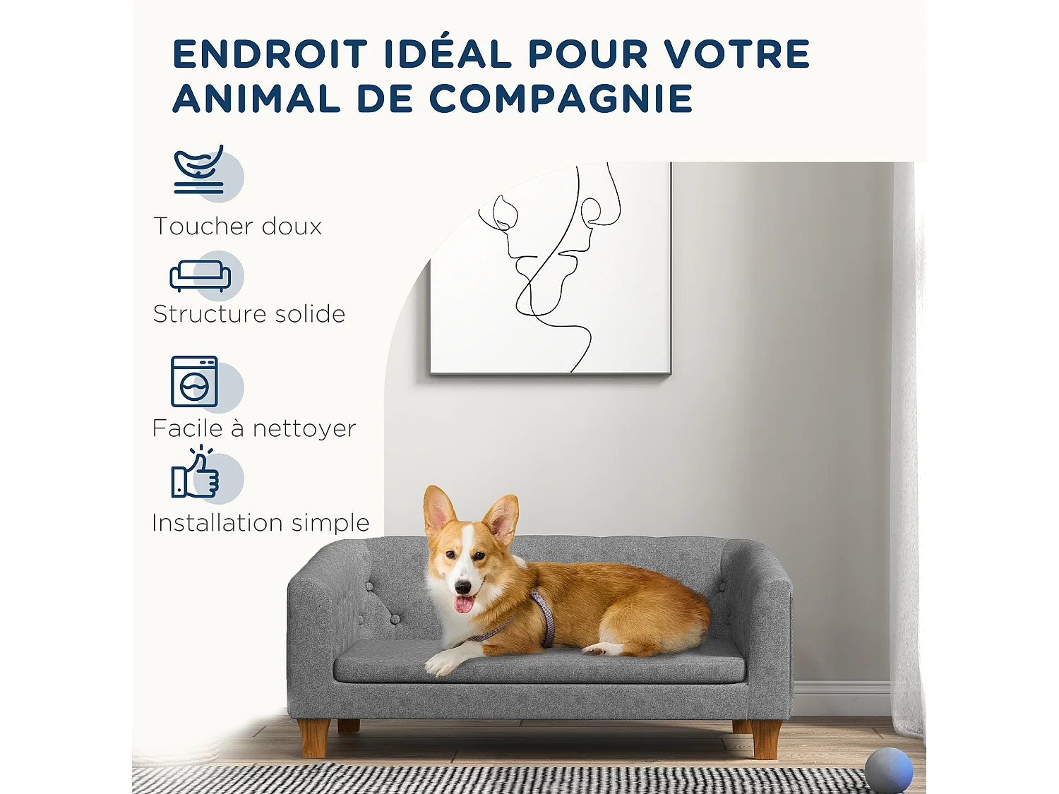 Canapé chien lit pour chien style Chesterfield dossier capitonné coussin moelleux pieds bois polyester gris