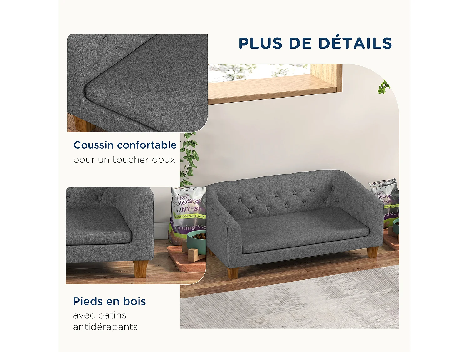 Canapé chien lit pour chien style Chesterfield dossier capitonné coussin moelleux pieds bois polyester gris
