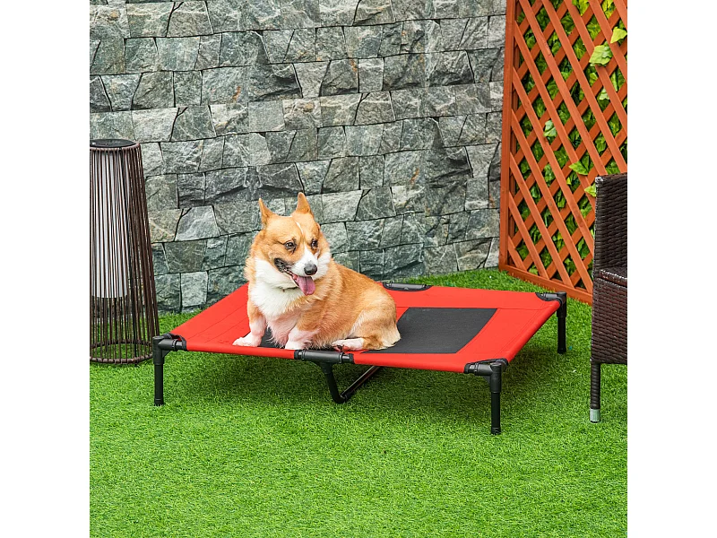 Lit pour chien chat lit de camp grand confort sur pieds tissu oxford textilène micro-perforé 92L x 76l x 18H cm rouge noir