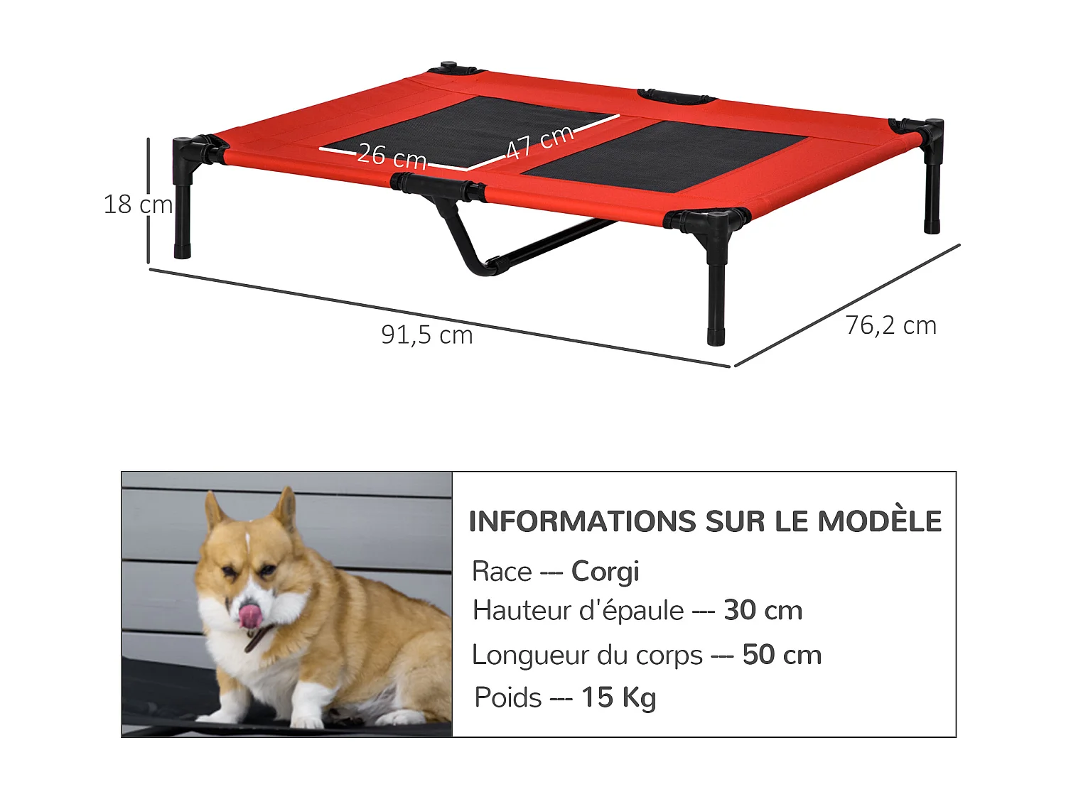 Lit pour chien chat lit de camp grand confort sur pieds tissu oxford textilène micro-perforé 92L x 76l x 18H cm rouge noir