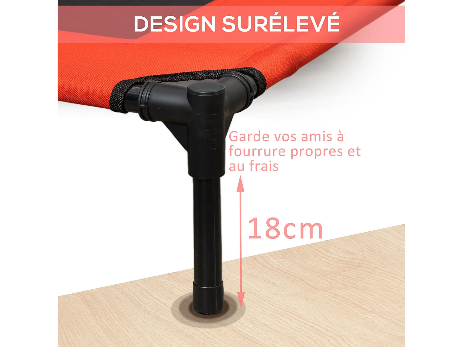 Lit pour chien chat lit de camp grand confort sur pieds tissu oxford textilène micro-perforé 92L x 76l x 18H cm rouge noir