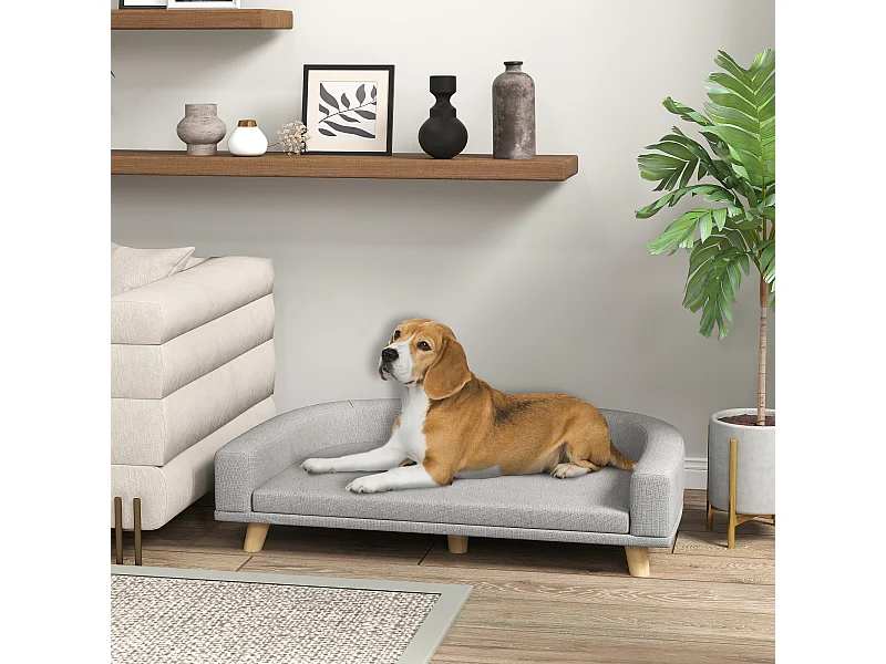 Canapé chien lit pour chien design scandinave coussin déhoussable dim 98L x 67l x 25H cm pieds bois tissu polyester gris