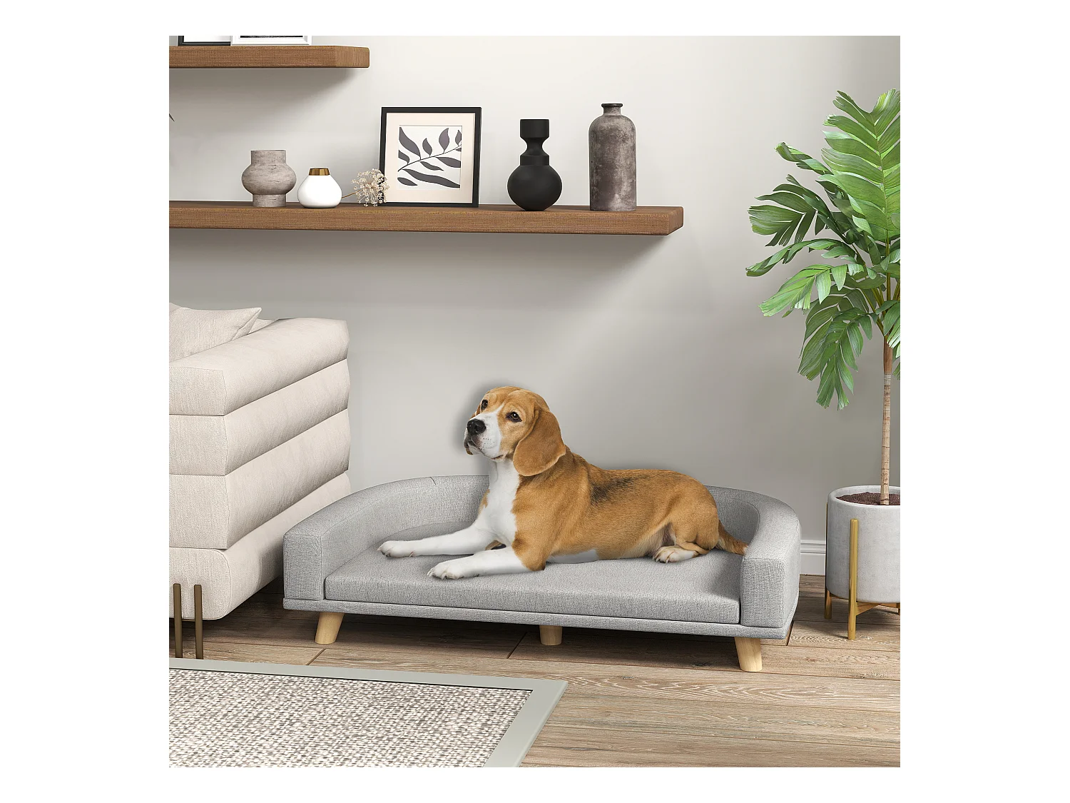 Canapé chien lit pour chien design scandinave coussin déhoussable dim 98L x 67l x 25H cm pieds bois tissu polyester gris