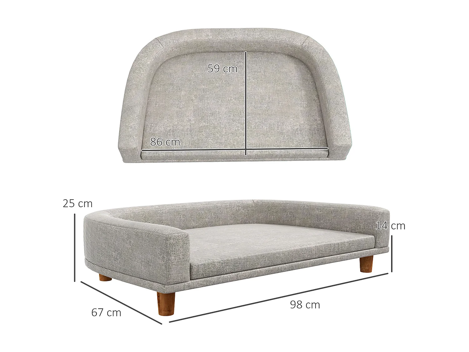 Canapé chien lit pour chien design scandinave coussin déhoussable dim 98L x 67l x 25H cm pieds bois tissu polyester gris