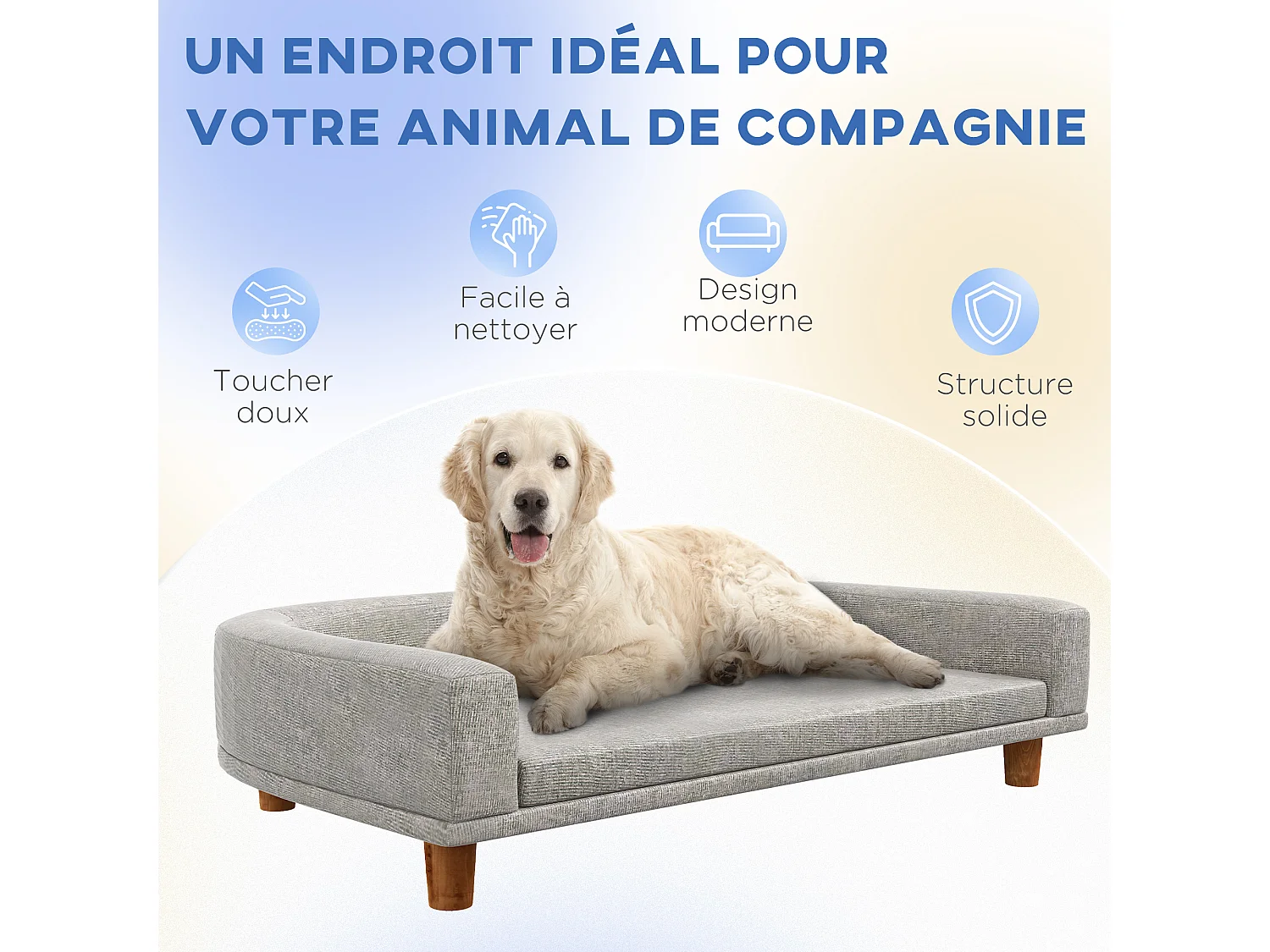 Canapé chien lit pour chien design scandinave coussin déhoussable dim 98L x 67l x 25H cm pieds bois tissu polyester gris