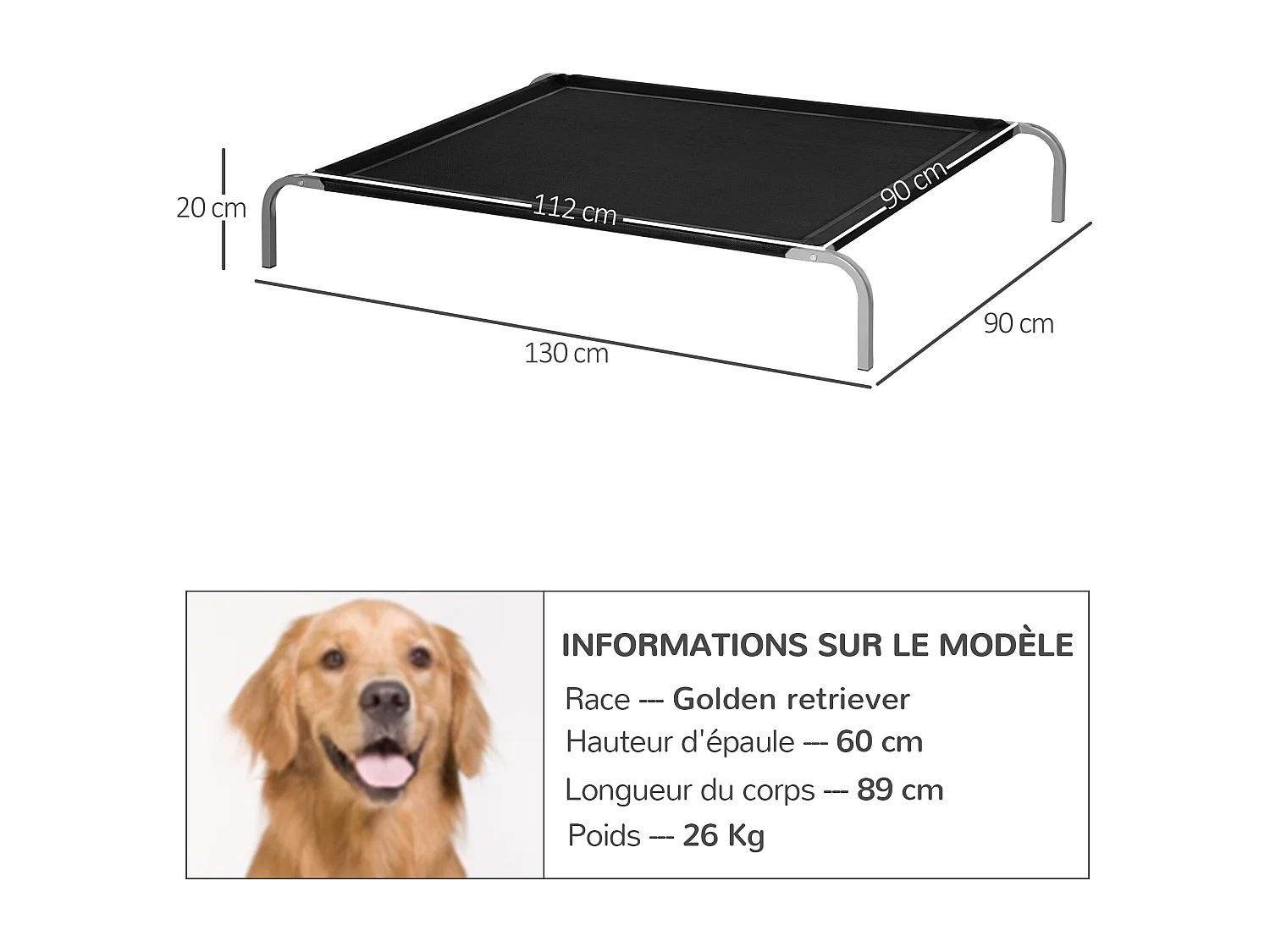 Lit pour chien chat XXL grand confort sur pied dim. 130L x 90l x 20H cm métal époxy textilène micro-perforé noir