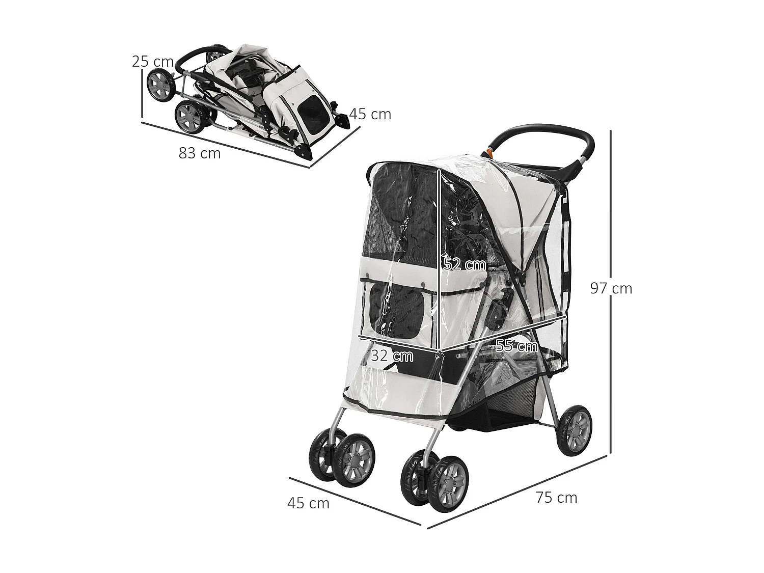 Poussette buggy pliable animaux chariot pliant chien chat porte-gobelet panier de rangement inclus roues avec frein tissu 600D Oxford métal gris