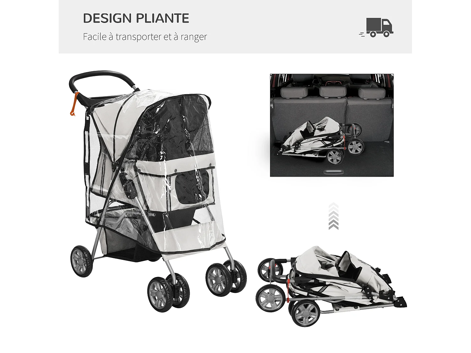 Poussette buggy pliable animaux chariot pliant chien chat porte-gobelet panier de rangement inclus roues avec frein tissu 600D Oxford métal gris