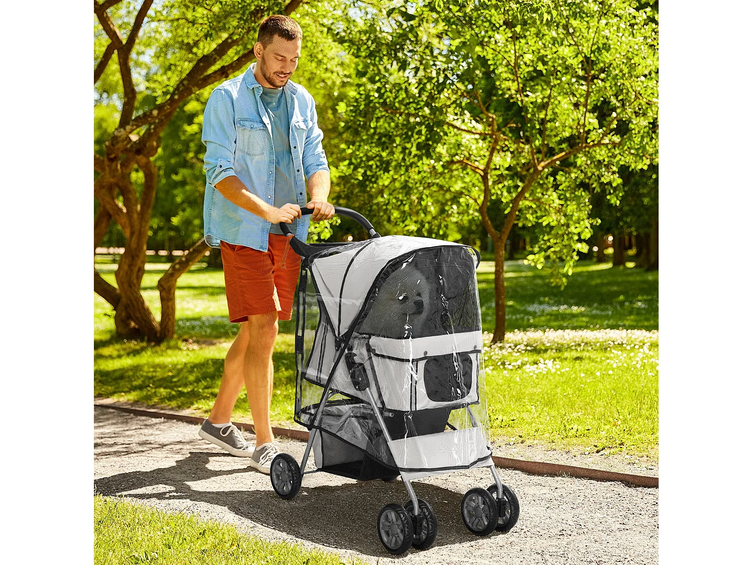 Poussette buggy pliable animaux chariot pliant chien chat porte-gobelet panier de rangement inclus roues avec frein tissu 600D Oxford métal gris