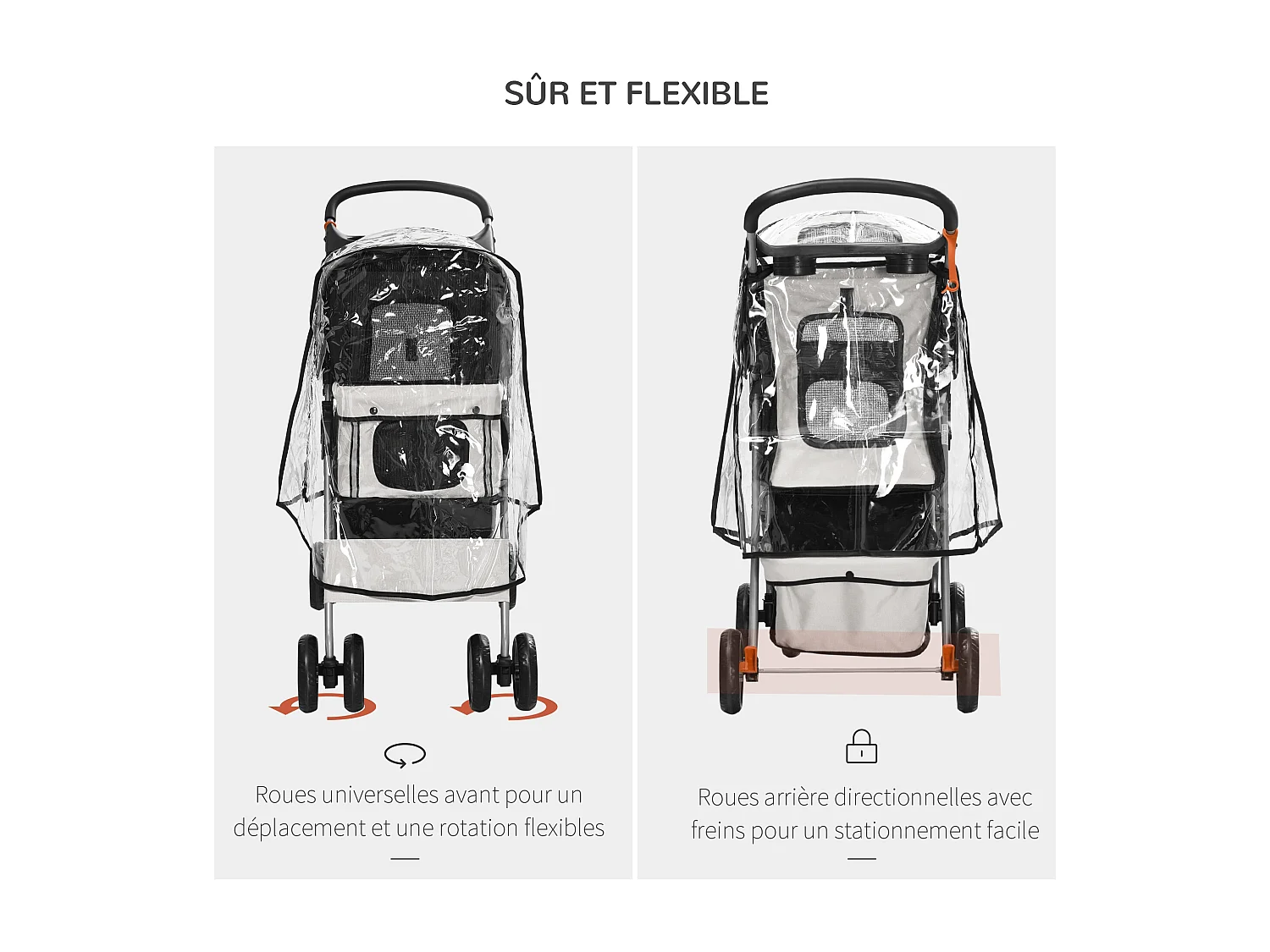 Poussette buggy pliable animaux chariot pliant chien chat porte-gobelet panier de rangement inclus roues avec frein tissu 600D Oxford métal gris