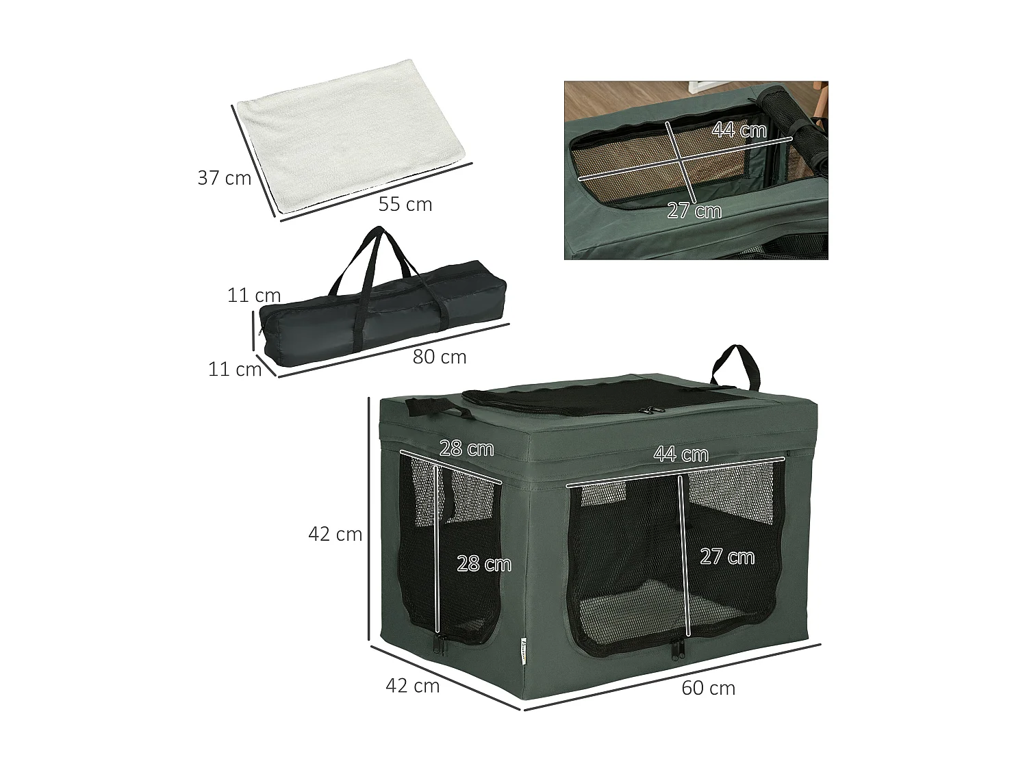 Sac de transport pliable pour chien chat - 2 poignées, 3 portes - dim. 60L x 42l x 42H cm - acier polyester gris