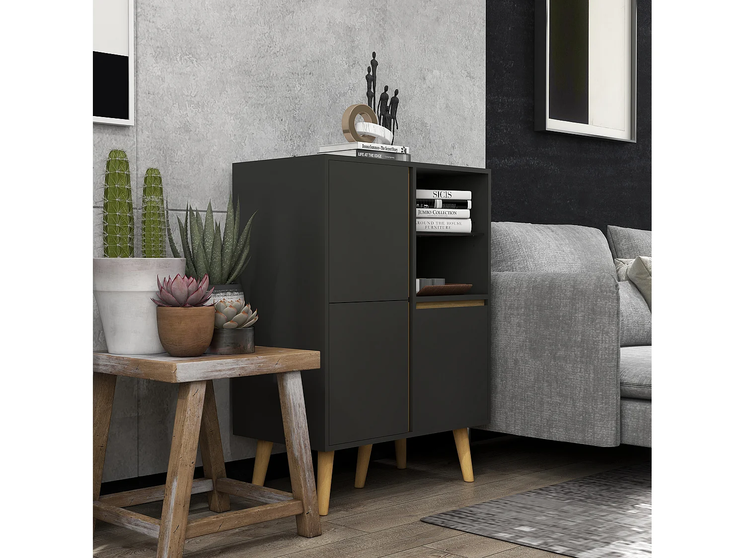 Meuble TV Hi-fi sur pied design scandinave 3 portes 3 étagères 2 niches verre trempé bois gris