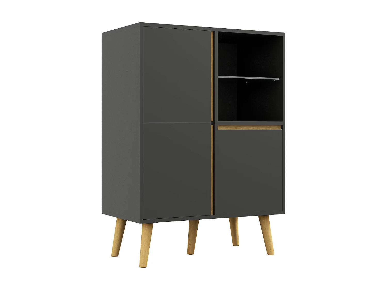 Meuble TV Hi-fi sur pied design scandinave 3 portes 3 étagères 2 niches verre trempé bois gris