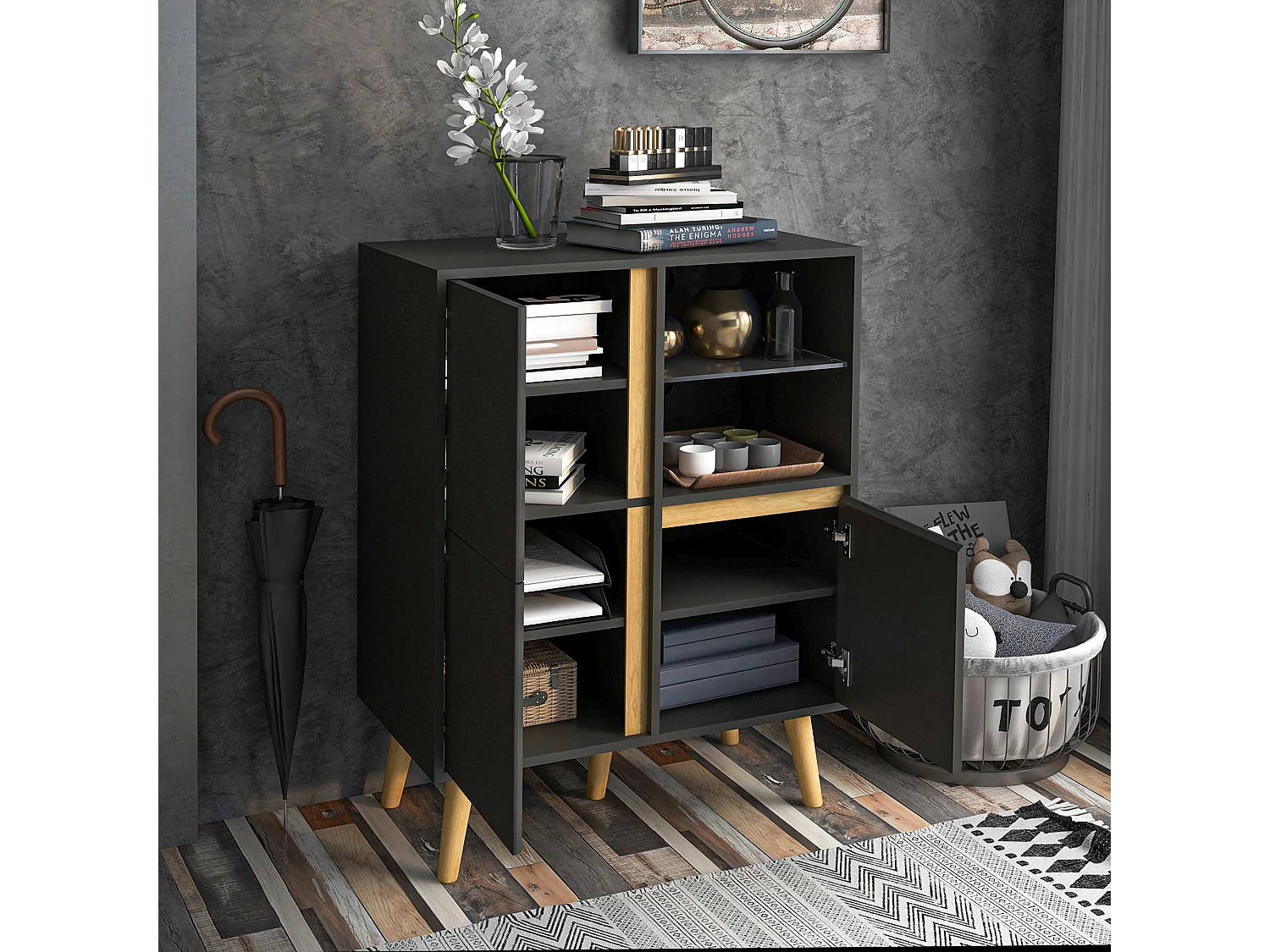 Meuble TV Hi-fi sur pied design scandinave 3 portes 3 étagères 2 niches verre trempé bois gris