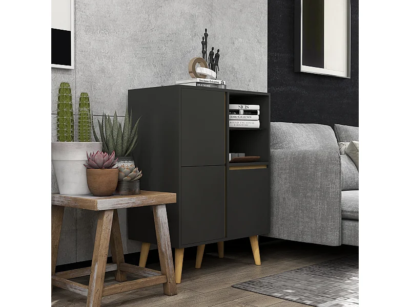 Meuble TV Hi-fi sur pied design scandinave 3 portes 3 étagères 2 niches verre trempé bois gris