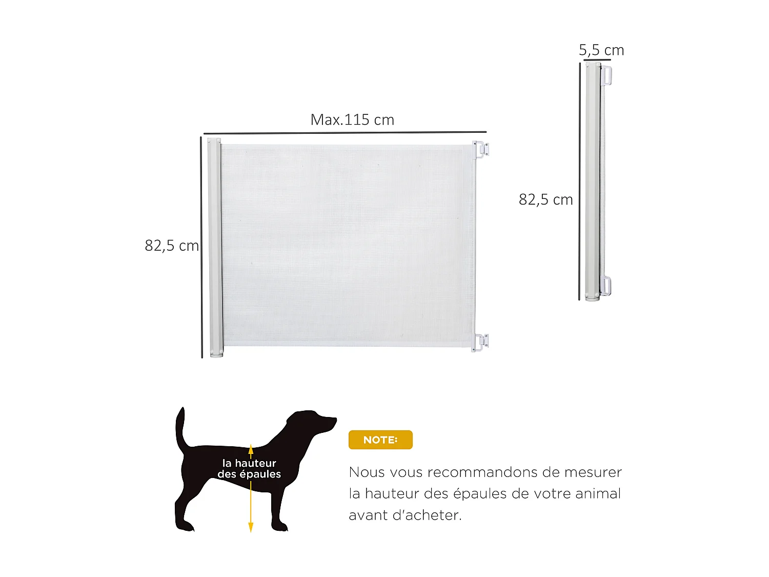 Barrière de sécurité barrière animaux rétractable automatique 1,15L x 0,83H m teslin métal blanc