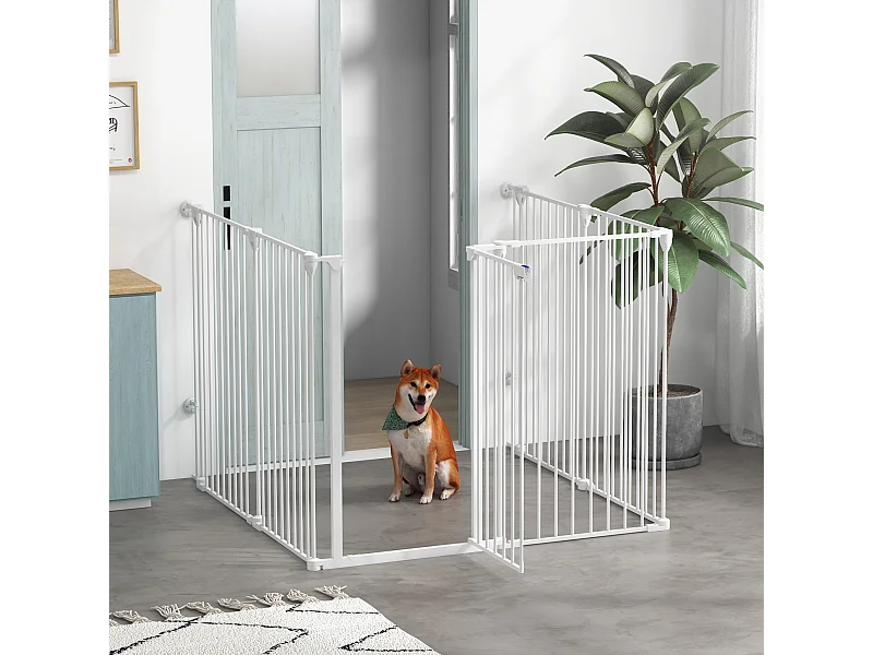 Barrière de sécurité parc enclos chien modulable pliable porte verrouillable intégrée 6 panneaux acier PP blanc