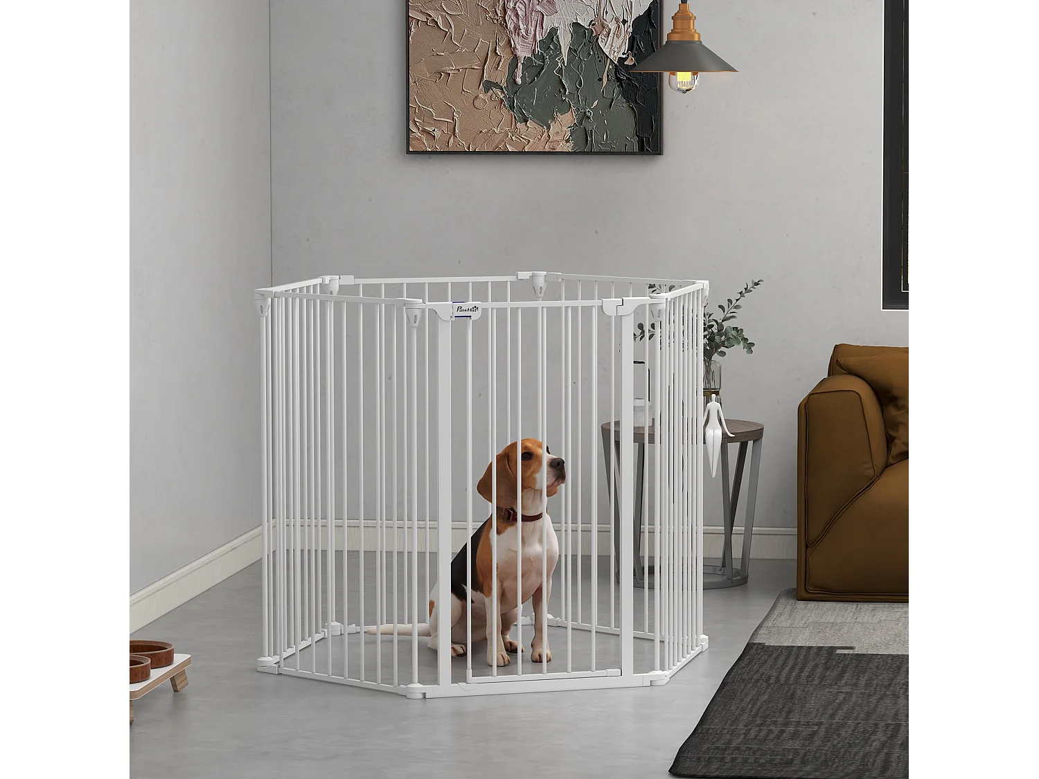 Barrière de sécurité parc enclos chien modulable pliable porte verrouillable intégrée 6 panneaux acier PP blanc