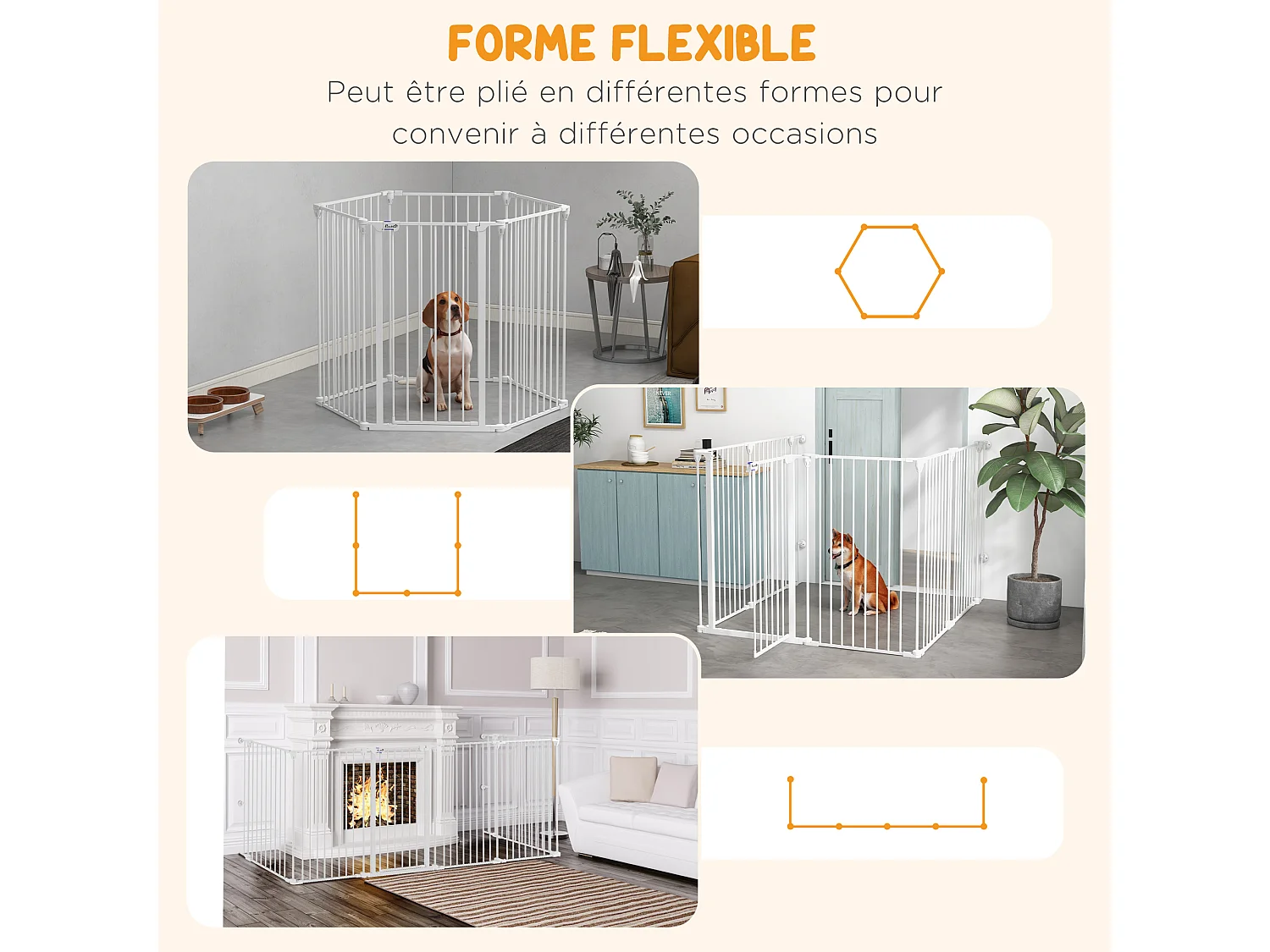 Barrière de sécurité parc enclos chien modulable pliable porte verrouillable intégrée 6 panneaux acier PP blanc