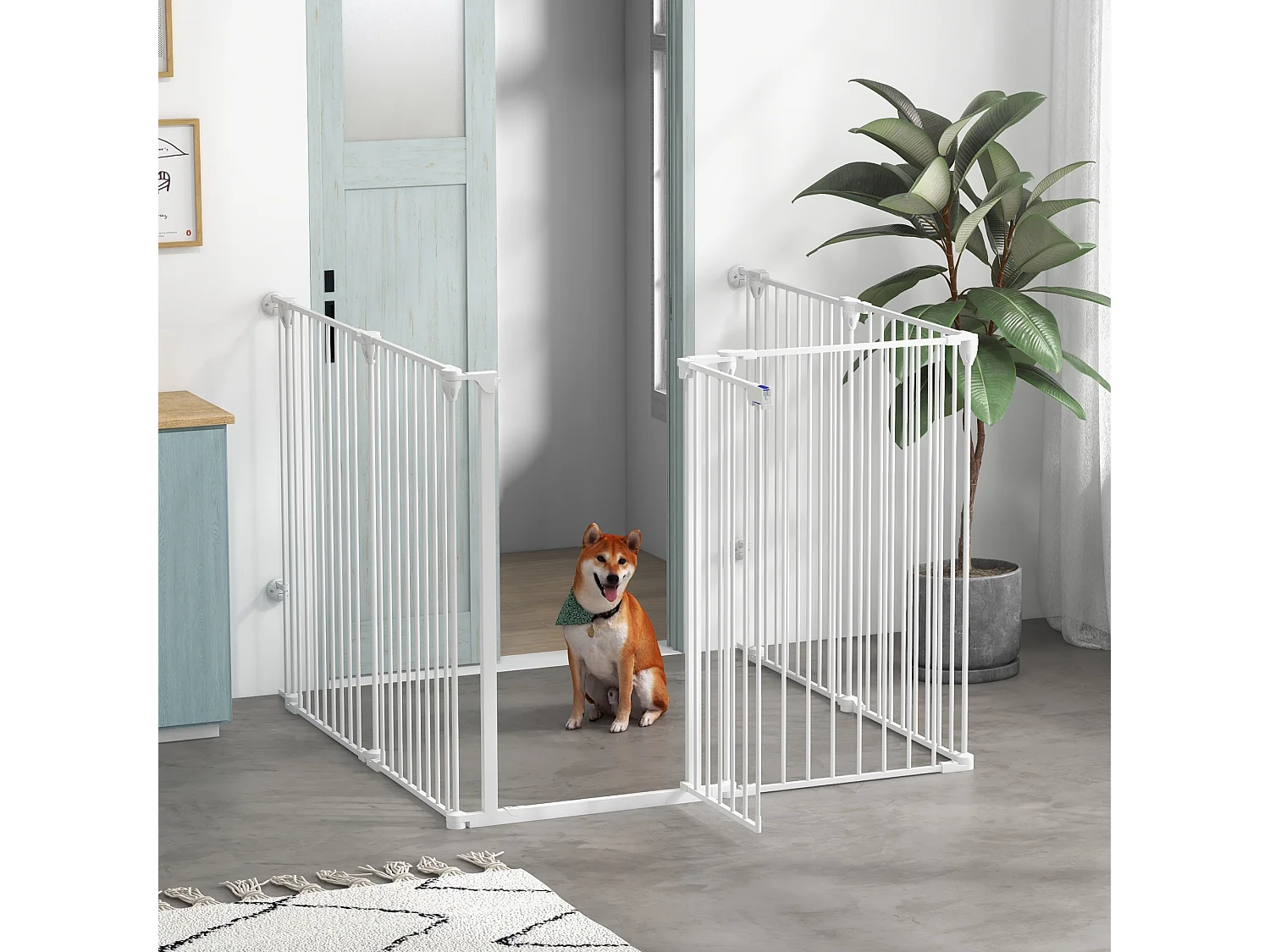 Barrière de sécurité parc enclos chien modulable pliable porte verrouillable intégrée 6 panneaux acier PP blanc