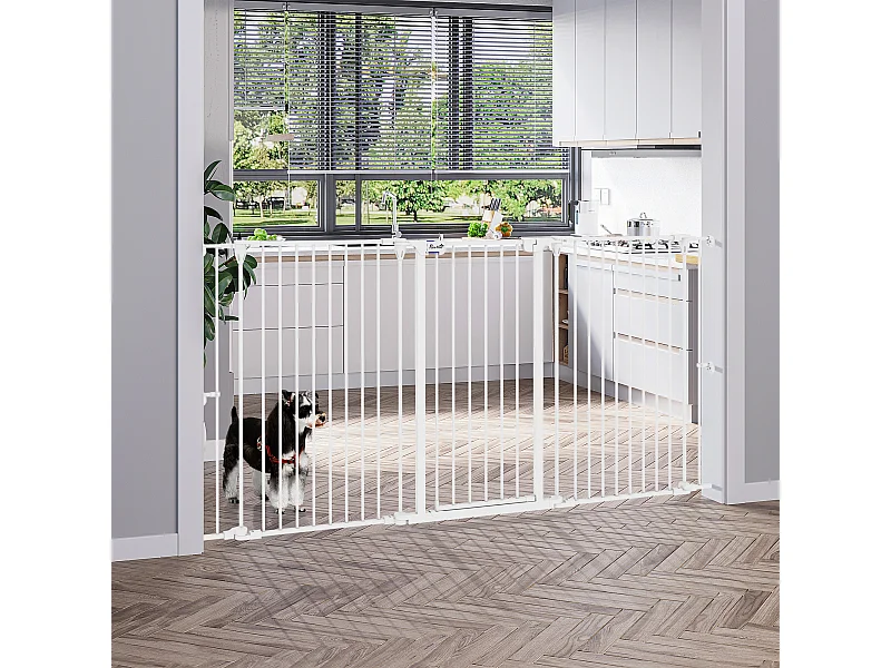 Barrière de sécurité pliable pour chien - 3 panneaux, porte verrouillable - dim. 206L x 90H cm - acier PP blanc