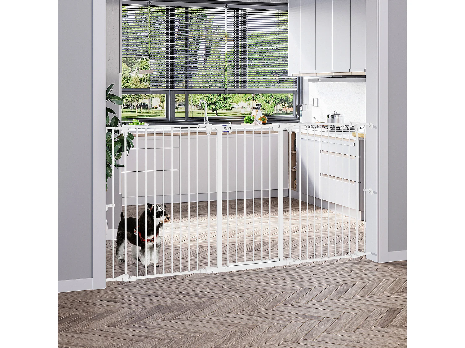 Barrière de sécurité pliable pour chien - 3 panneaux, porte verrouillable - dim. 206L x 90H cm - acier PP blanc